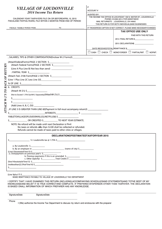 Income Tax Return Form - Village Of Loudonville - 2014 Printable pdf