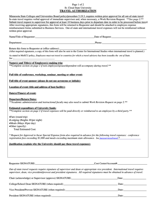 Fillable Travel Authorization Form Printable pdf