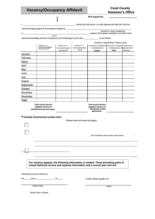 Fillable Vacancy/occupancy Affidavit Form Printable pdf