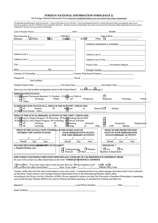Fillable Foreign National Information Form Printable pdf