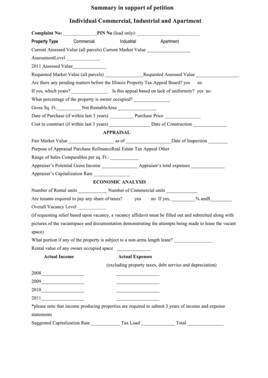 Fillable Individual Commercial, Industrial And Apartment Summary Form Printable pdf