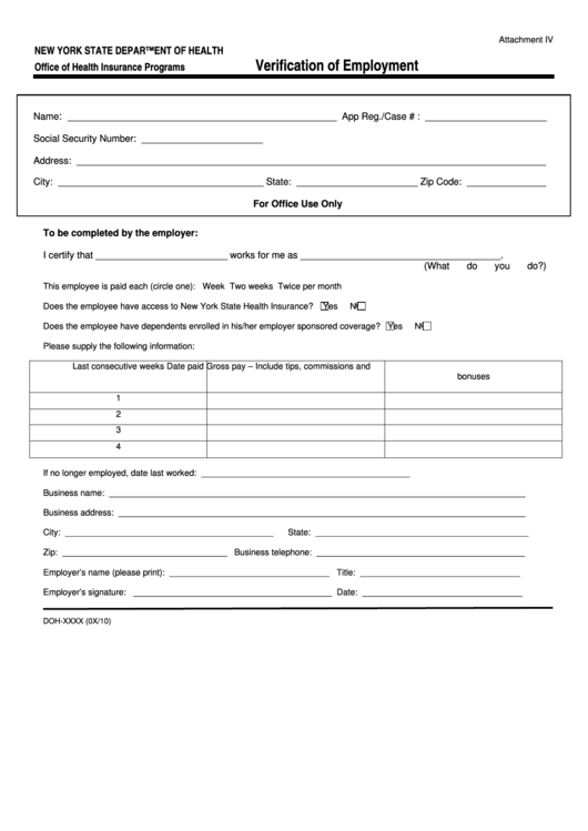Verification Of Employment Form - New York State Department Of Health Printable pdf