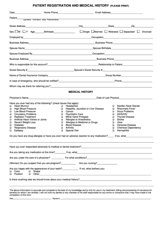 Patient Registration And Medical History Form Printable pdf