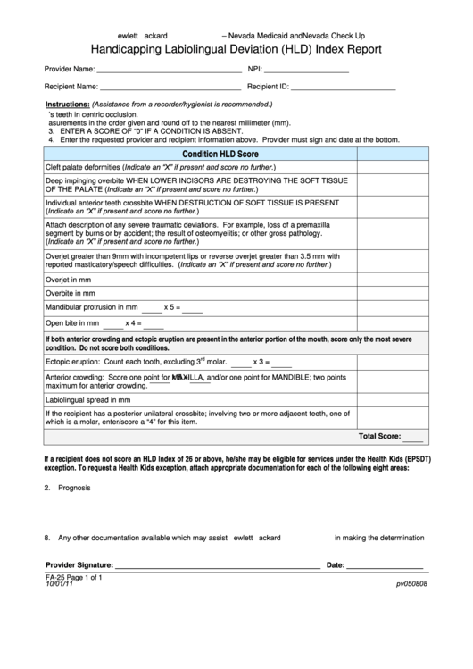 Fillable Fa-25 Handicapping Labiolingual Deviation (Hld) Index Report Form Printable pdf