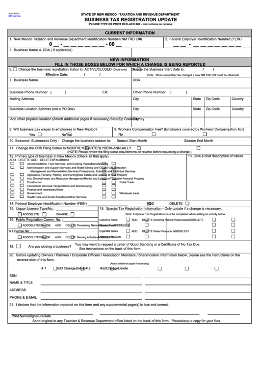 Form Acd-31075 - Business Tax Registration Update - Taxation And Revenue Department, State Of New Mexico Printable pdf