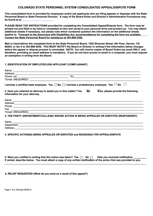 Fillable Form I-766 - Personnel System Consolidated Appeal/dispute Form - State Of Colorado Printable pdf