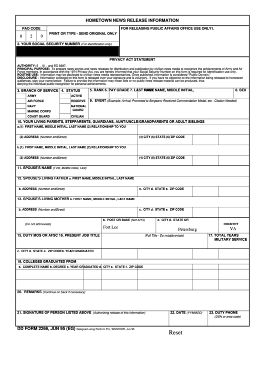 Dd Form 2266 - Hometown News Release Information Printable pdf
