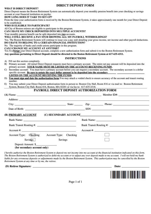 Payroll Direct Deposit Authorization Form Printable pdf