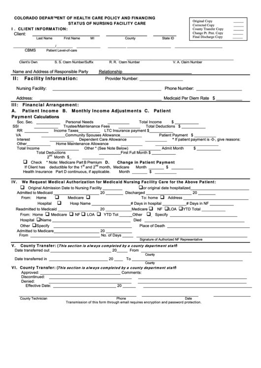 Fillable Status Of Nursing Facility Care Form - Colorado Department Of Health Care Policy And Financing Printable pdf