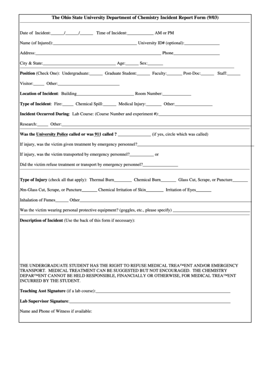Departmental Incident Report Form The State Of Ohio Printable Pdf