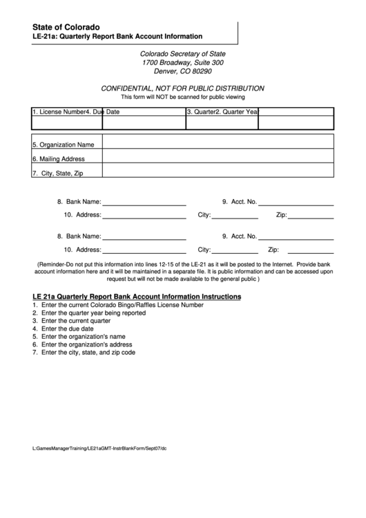 Form Le-21a - Quarterly Report Bank Account Information - Secretary Of State, State Of Colorado Printable pdf