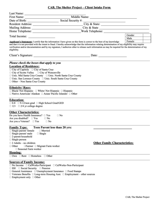 Client Intake Form (Sample) Printable pdf