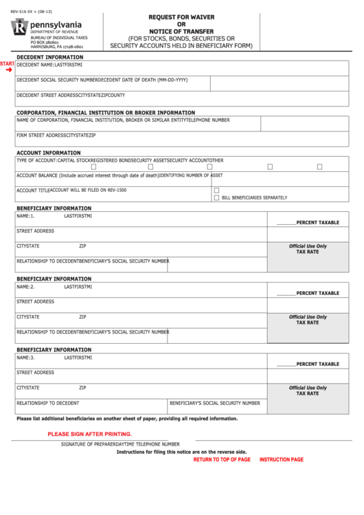 Fillable Form Rev-516 Ex - Request For Waiver Or Notice Of Transfer - Pennsylvania Departament Of Revenue Printable pdf