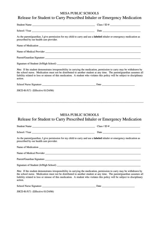 Form Jhcd-R-F(1) - Release For Student To Carry Prescribed Inhaler Or Emergency Medication 2006 Printable pdf