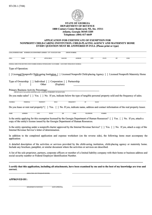 Form St-Ch-1 - Application For Certificate Of Exemption For Nonprofit Child - Departament Of Revenue, State Of Georgia Printable pdf
