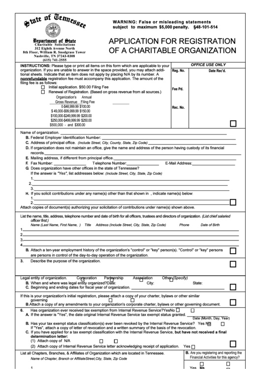 Form Ss-6001 - Application For Registration Of A Charitable Organization - Departament Of State, State Of Tennessee Printable pdf