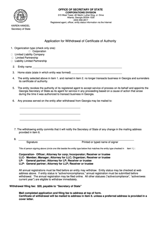 Fillable Application For Withdrawal Of Certificate Of Authority Form - Secretary Of State, State Of Georgia Printable pdf
