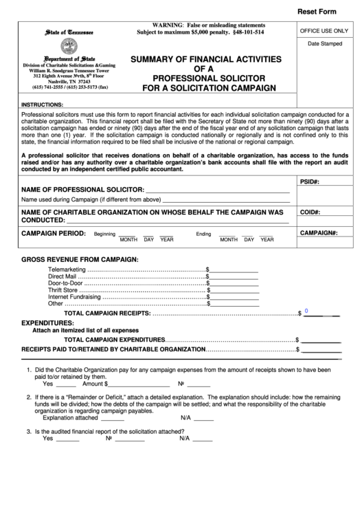 Fillable Form Ss-6022 - Summary Of Financial Activities Of A Professional Solicitor For A Solicitation Campaign - Departament Of State, State Of Tennessee Printable pdf