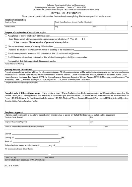 Form Uitl-18 - Power Of Attorney Printable pdf