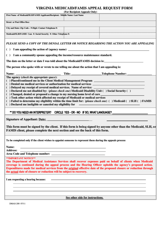 Fillable Virginia Medicaid/famis Appeal Request Form Printable pdf