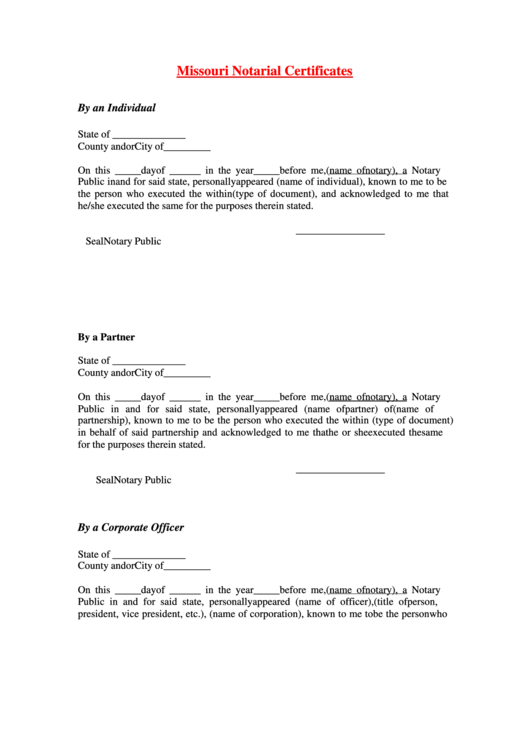 Missouri Notarial Certificates Printable pdf