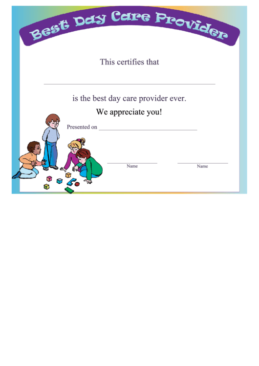 Best Day Care Provider Certificate Template Printable pdf