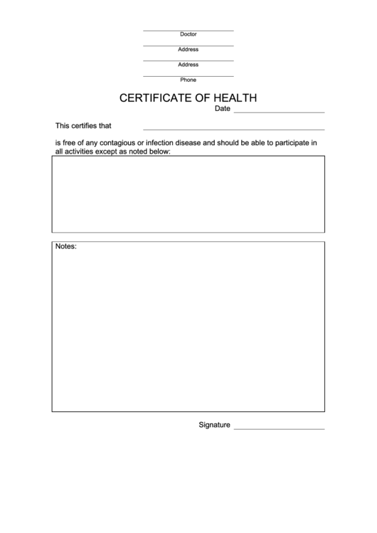 Health Certificate Form Printable pdf