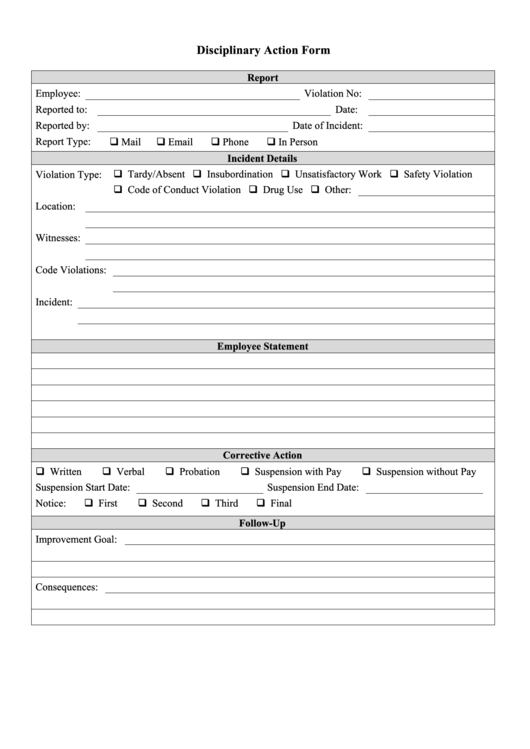 Disciplinary Action Form Printable pdf