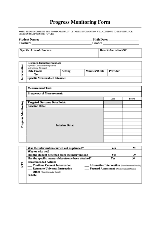 Progress Monitoring Form Printable pdf
