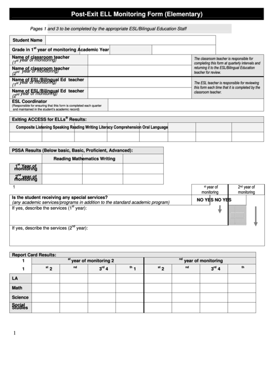 Post-Exit Ell Monitoring Form (Elementary) Printable pdf