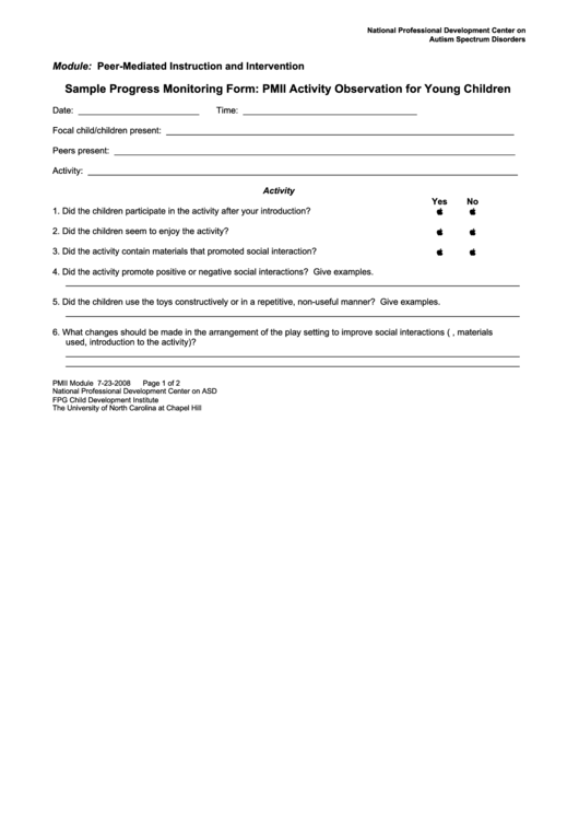 Sample Progress Monitoring Form: Pmii Activity Observation For Young Children Printable pdf