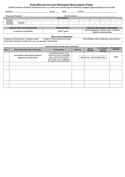 Tier Ii Intervention Progress Monitoring Form Printable pdf