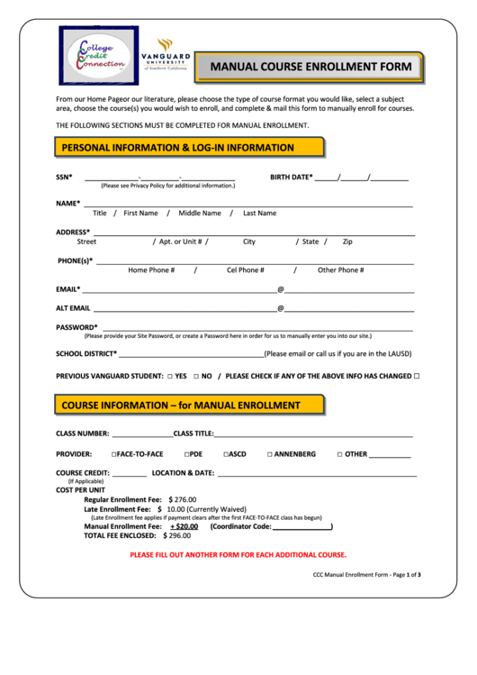 Vanguard Manual Course Enrollment Form Printable pdf