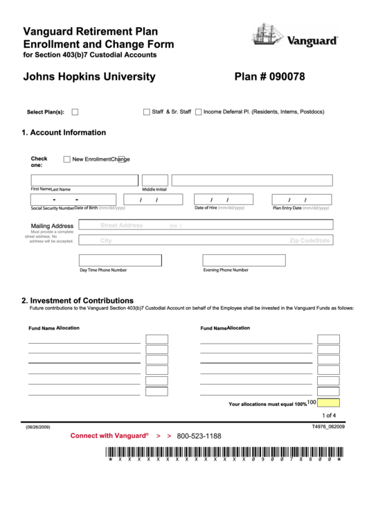 Fillable Vanguard Retirement Plan Enrollment And Change Form Printable pdf