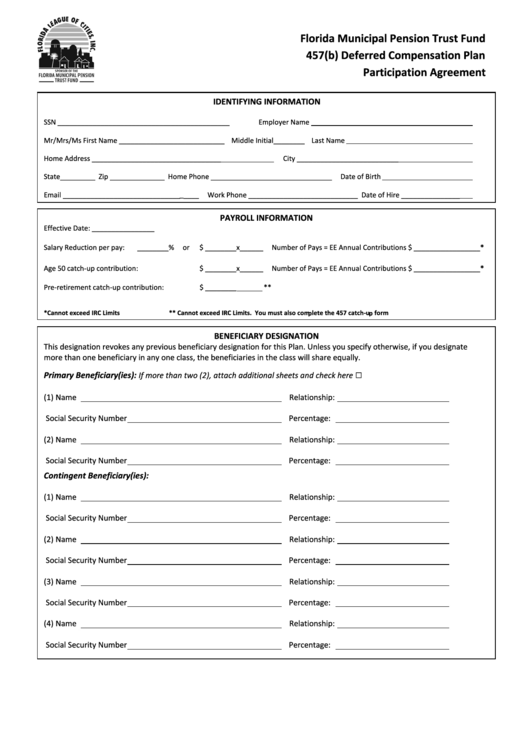 Florida Municipal Pension Trust Fund 457(B) Deferred Compensation Plan Participation Agreement Printable pdf