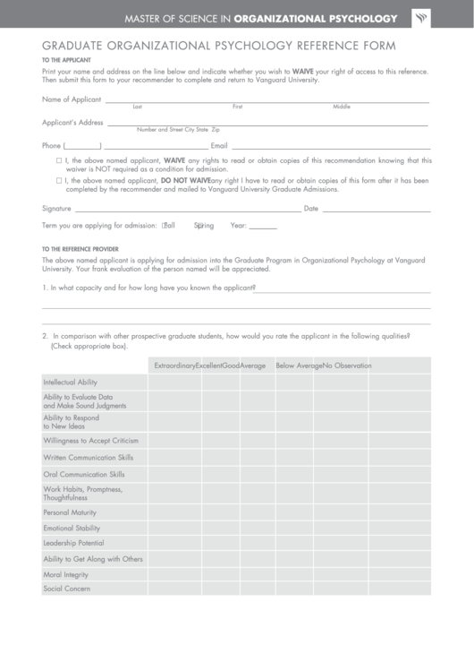 Graduate Organizational Psychology Reference Form Printable pdf