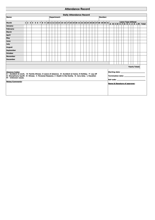 Attendance Record Template Printable pdf