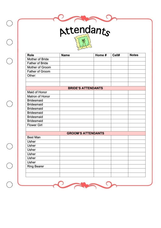 Wedding Attendance Sheet Printable pdf