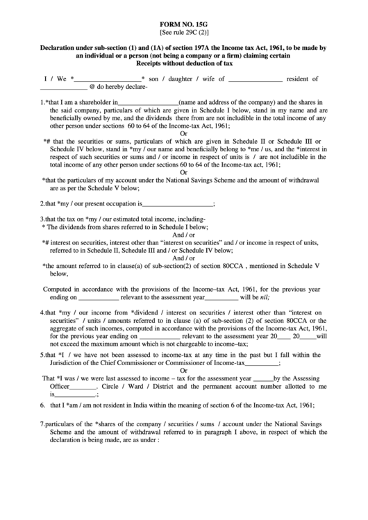 Form 15g - Declaration Under Section 197a(1) And Section 197a(1a) Printable pdf