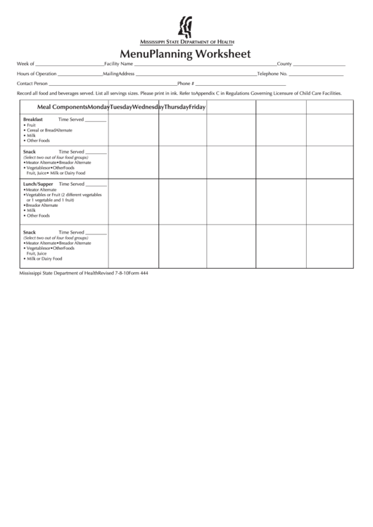 Menu Planning Worksheet Template Printable pdf