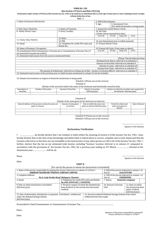 Form No. 15h - Declaration Under Section 197a(1c) Of The Income-Tax Act, 1961 To Be Made By An Individual Who Is Of The Age Of Sixty Years Or More Claiming Certain Receipts Without Deduction Of Tax Printable pdf