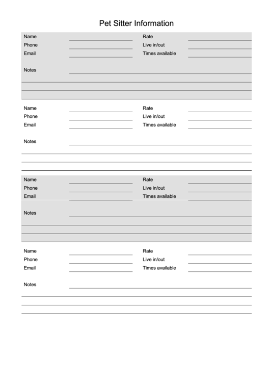 Pet Sitter Information Sheet Printable pdf