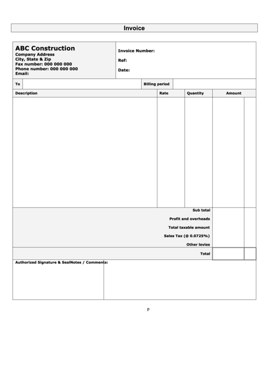 Construction Invoice Template Printable pdf