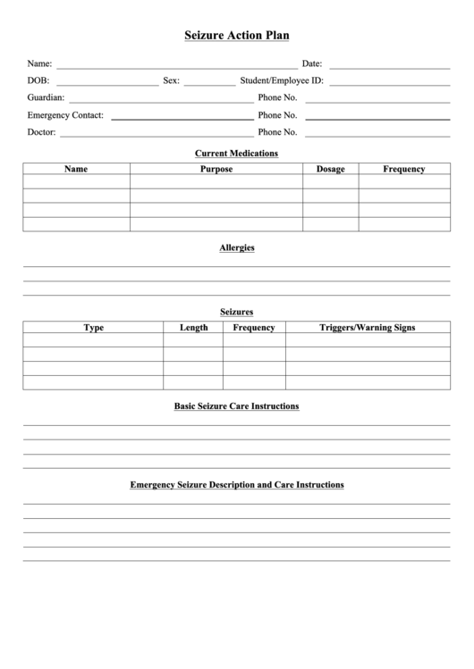Seizure Action Plan Template Printable pdf