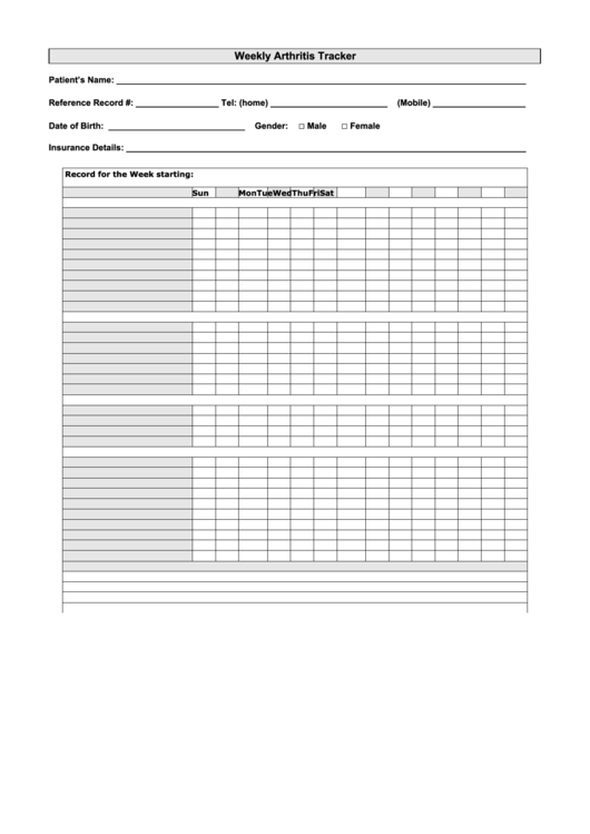 Weekly Arthritis Tracker Printable pdf