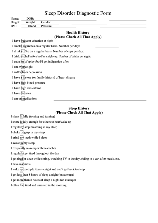Sleep Disorder Diagnostic Form Printable pdf