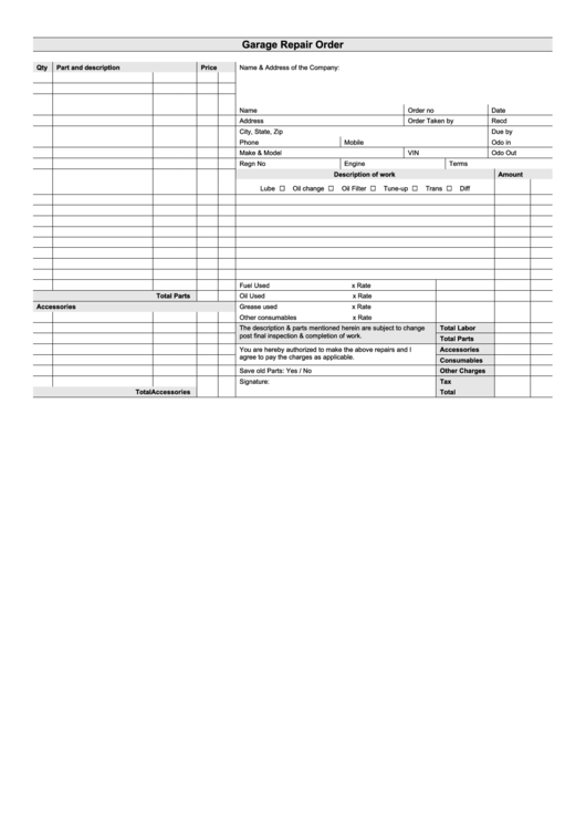 Garage Repair Order Template printable pdf download