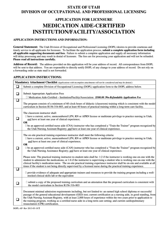 Application For Licensure - Medication Aide-Certified Institution/facility/association Printable pdf