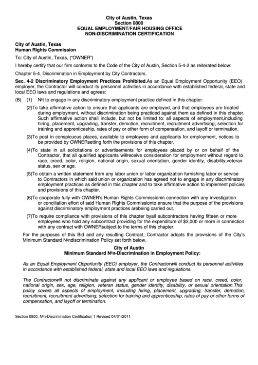 The City Of Austin Equal Employment And Fair Housing Office (Ee/fho) Non-Discrimination Certification Printable pdf