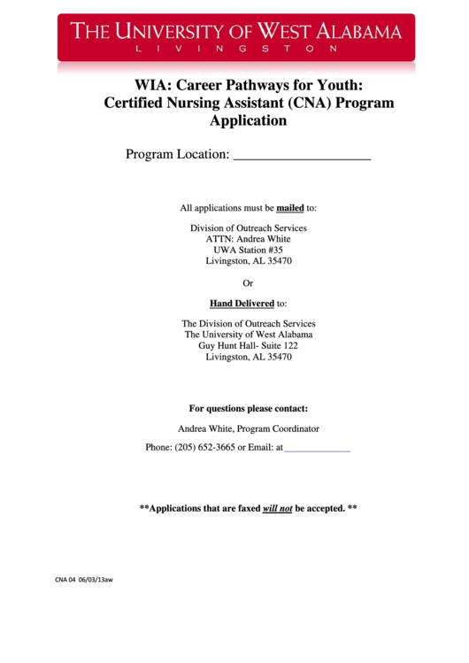 Fillable Uwa Wia: Career Pathways For Youth: Certified Nursing Assistant (Cna) Program Application Printable pdf